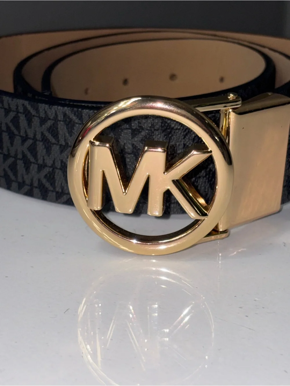 Michael Kors Gold MK Buckle All over Print Belt & Silver Buckle Solid Black Belt